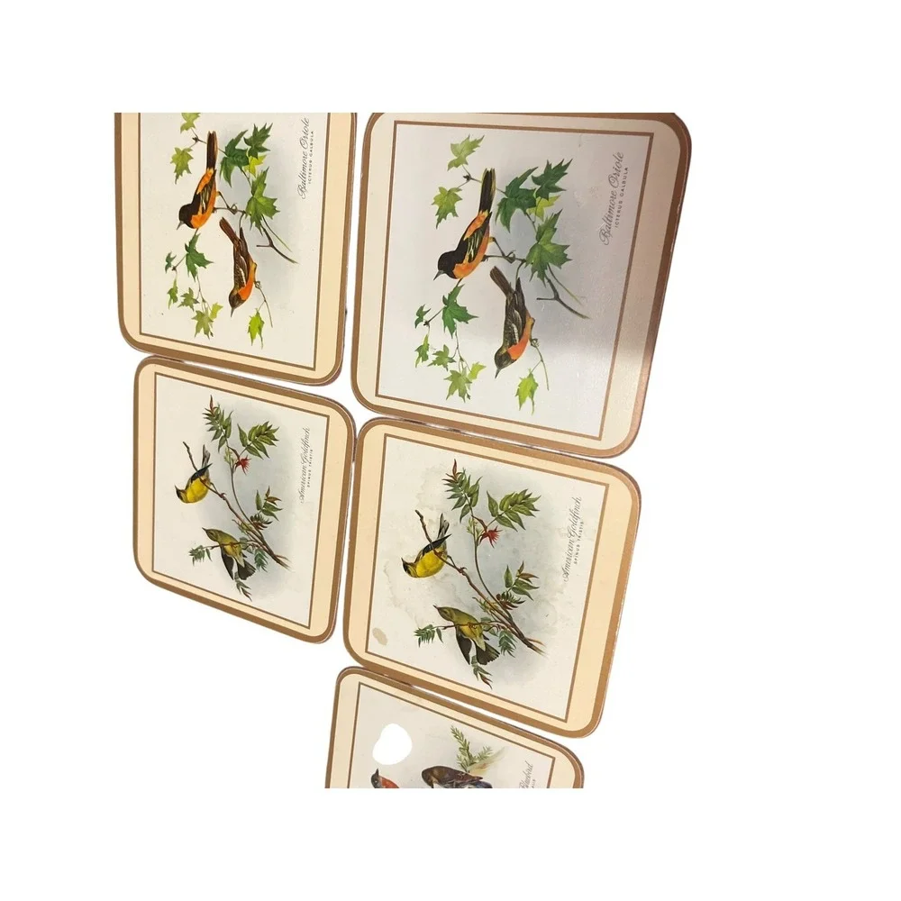 Set Of 6 Vintage English Life Cork Back Coasters Song Birds Satin‎ Finish W/ Box